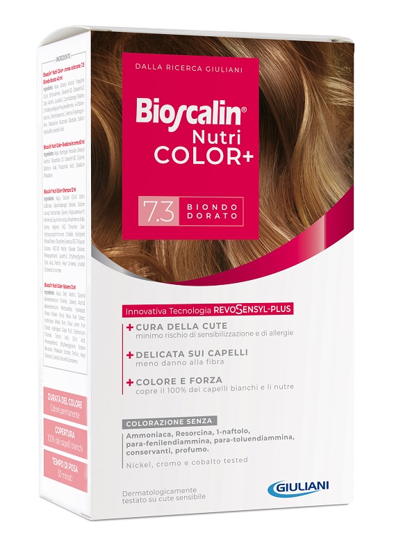 BIOSCALIN NUTRICOLOR PLUS 7,3 BIONDO DORATO CREMA COLORANTE 40 ML + RIVELATORE CREMA 60 ML + SHAMPOO 12 ML + TRATTAMENTO FINALE BALSAMO 12 ML - goldeneffe.it