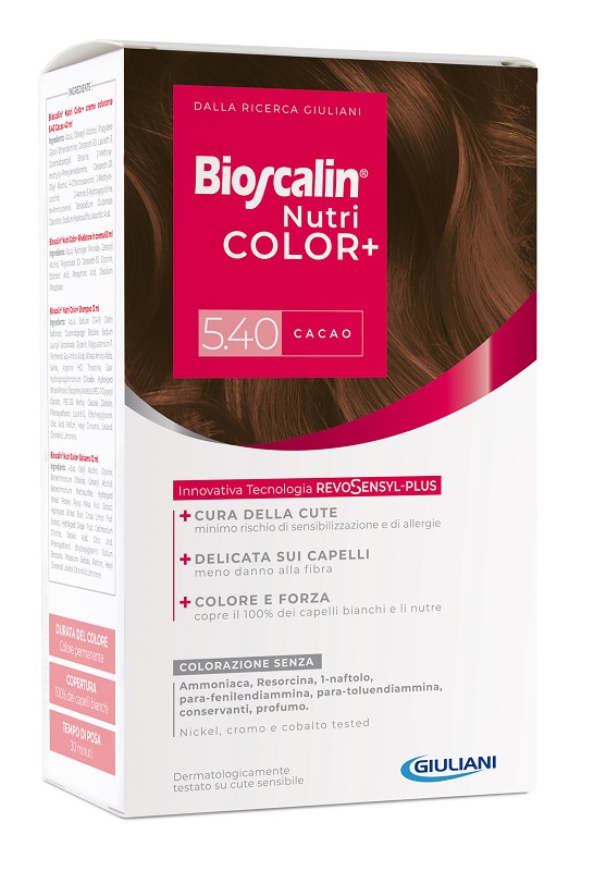 BIOSCALIN NUTRICOLOR PLUS 5,40 CACAO CREMA COLORANTE 40 ML + RIVELATORE CREMA 60 ML + SHAMPOO 12 ML + TRATTAMENTO FINALE BALSAMO 12 ML - goldeneffe.it