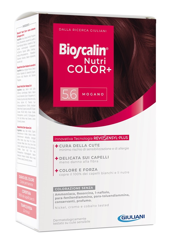 BIOSCALIN NUTRICOLOR PLUS 5,6 MOGANO CREMA COLORANTE 40 ML + RIVELATORE CREMA 60 ML + SHAMPOO 12 ML + TRATTAMENTO FINALE BALSAMO 12 ML - goldeneffe.it
