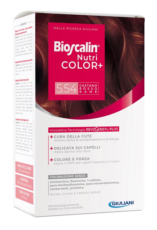 BIOSCALIN NUTRICOLOR PLUS 5,54 CASTANO ROSSO RAME CREMA COLORANTE 40 ML + RIVELATORE CREMA 60 ML + SHAMPOO 12 ML + TRATTAMENTO FINALE BALSAMO 12 ML - goldeneffe.it