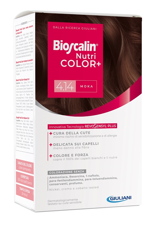 BIOSCALIN NUTRICOLOR PLUS 4,14 MOKA CREMA COLORANTE 40 ML + RIVELATORE CREMA 60 ML + SHAMPOO 12 ML + TRATTAMENTO FINALE BALSAMO 12 ML - goldeneffe.it