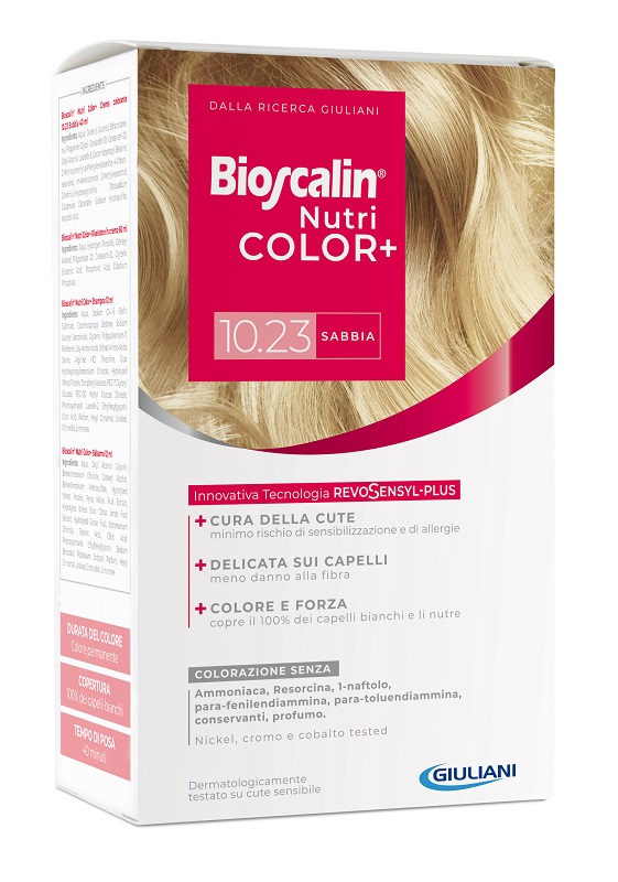 BIOSCALIN NUTRICOLOR PLUS 10,23 SABBIA CREMA COLORANTE 40 ML + RIVELATORE CREMA 60 ML + SHAMPOO 12 ML + TRATTAMENTO FINALE BALSAMO 12 ML - goldeneffe.it