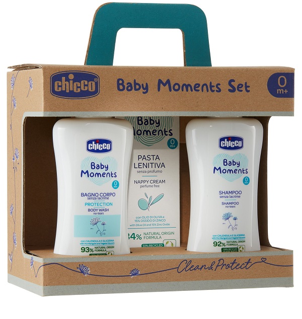CHICCO BABY MOMENTS SET BAGNOCHIUMA PELLI DELICATE 200 ML + SHAMPOO PELLI DELICATE 200 ML + PASTA CAMBIO PELLI DELICATE 100 ML - goldeneffe.it