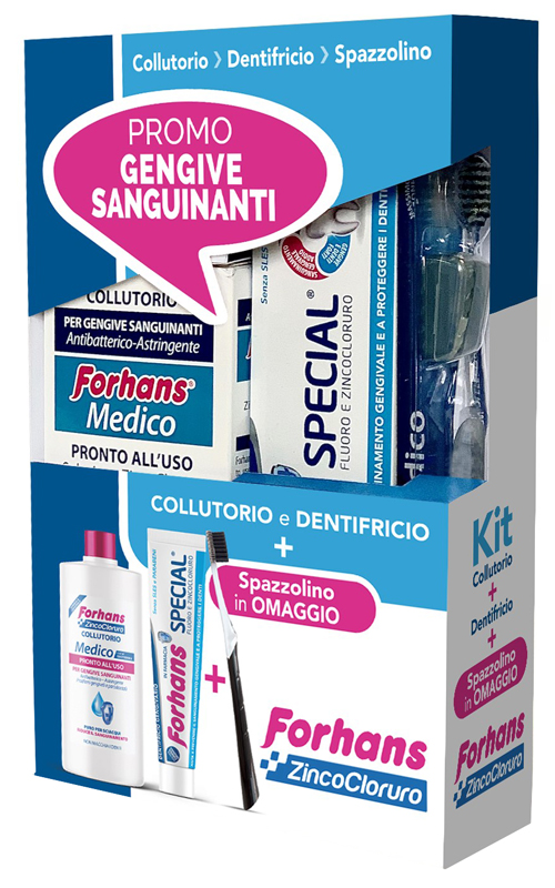 FORHANS KIT GENGIVE SANGUINANTI 1 FORHANS COLLUTORIO MEDICO 250 ML + 1 FORHANS DENTIFRICIO SPECIAL 75 ML + 1 FORHANS SPAZZOLINO MEDICO IN OMAGGIO - goldeneffe.it