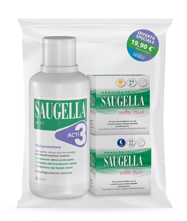 SAUGELLA ACTI3 DETERGENTE INTIMO + 2 SCATOLE ASSORBENTI GIORNO E NOTTE - goldeneffe.it