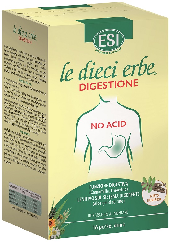 ESI LE DIECI ERBE DIGESTIONE NO ACID 16 POCKET DRINK GUSTO LIQUIRIZIA 20 ML - goldeneffe.it