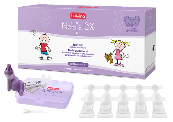 NEBIAL 3% KIT 20 FLACONCINI MONODOSE 5ML SOLUZIONE IPERTONICA CON ACIDO IALURONICO + NEBULIZZATORE SPRAY-SOL - goldeneffe.it