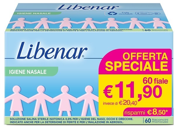 SOLUZIONE SALINA ISOTONICA 0,9% LIBENAR PER IGIENE NASALE 60 FLACONCINI MONOUSO X 5 ML - goldeneffe.it